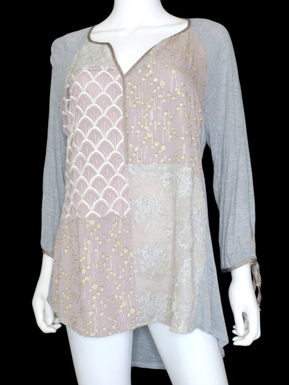 Anthropologie Patchwork Metallic Accent Tunic - Grey and Blush